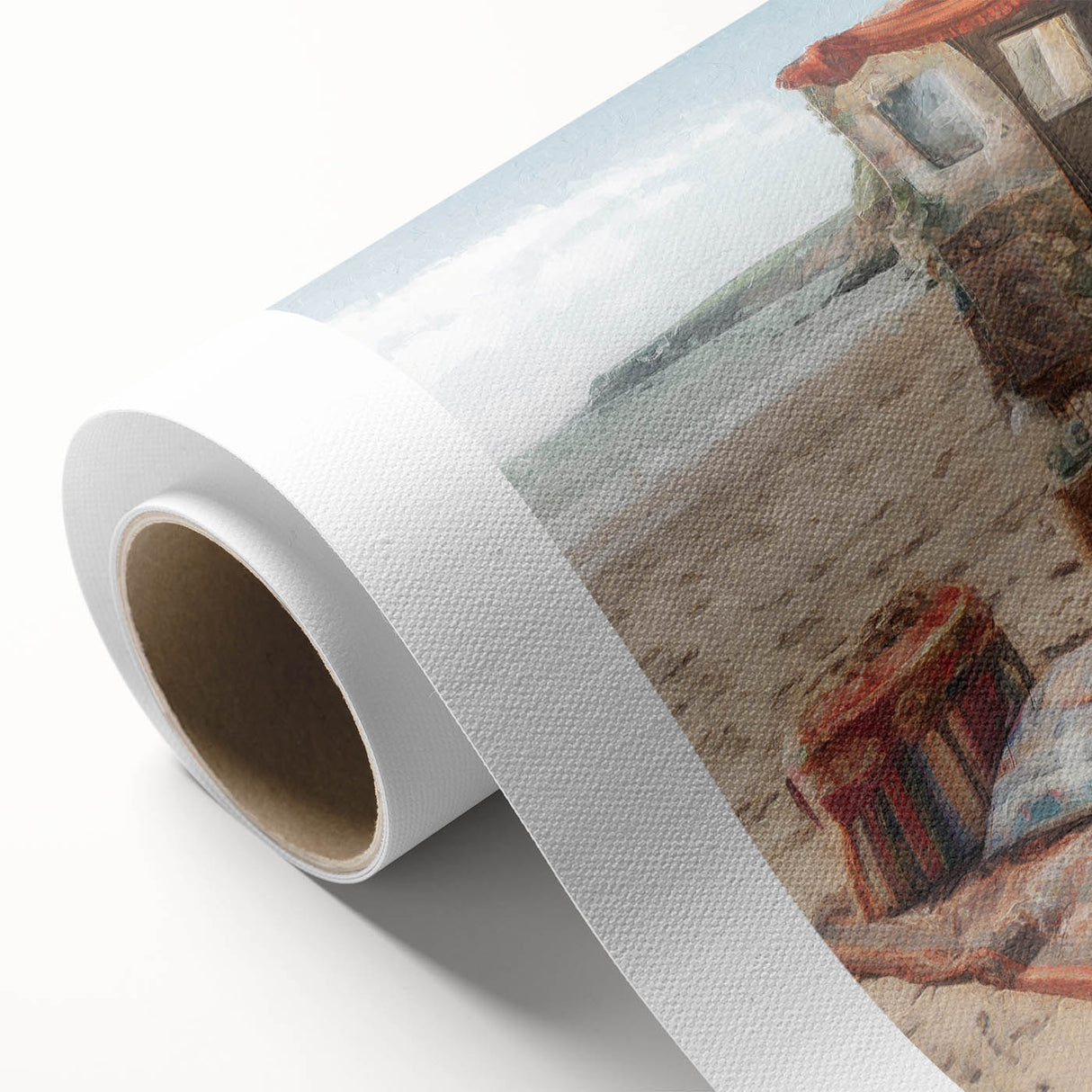 Art deco style caravan illustration in muted pastel colors on rolled canvas, suitable for nursery wall art.