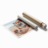 Extra large rolled print featuring a caravan of vehicles in muted earth tones, suitable as classy bathroom wall art.