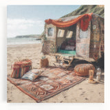 Black and white stretched canvas featuring a caravan of vintage cars, ideal for kitchen wall art.