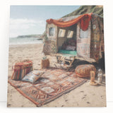 Black and white stretched canvas featuring a caravan of vintage vehicles, ideal for kitchen wall art or bedroom decor.