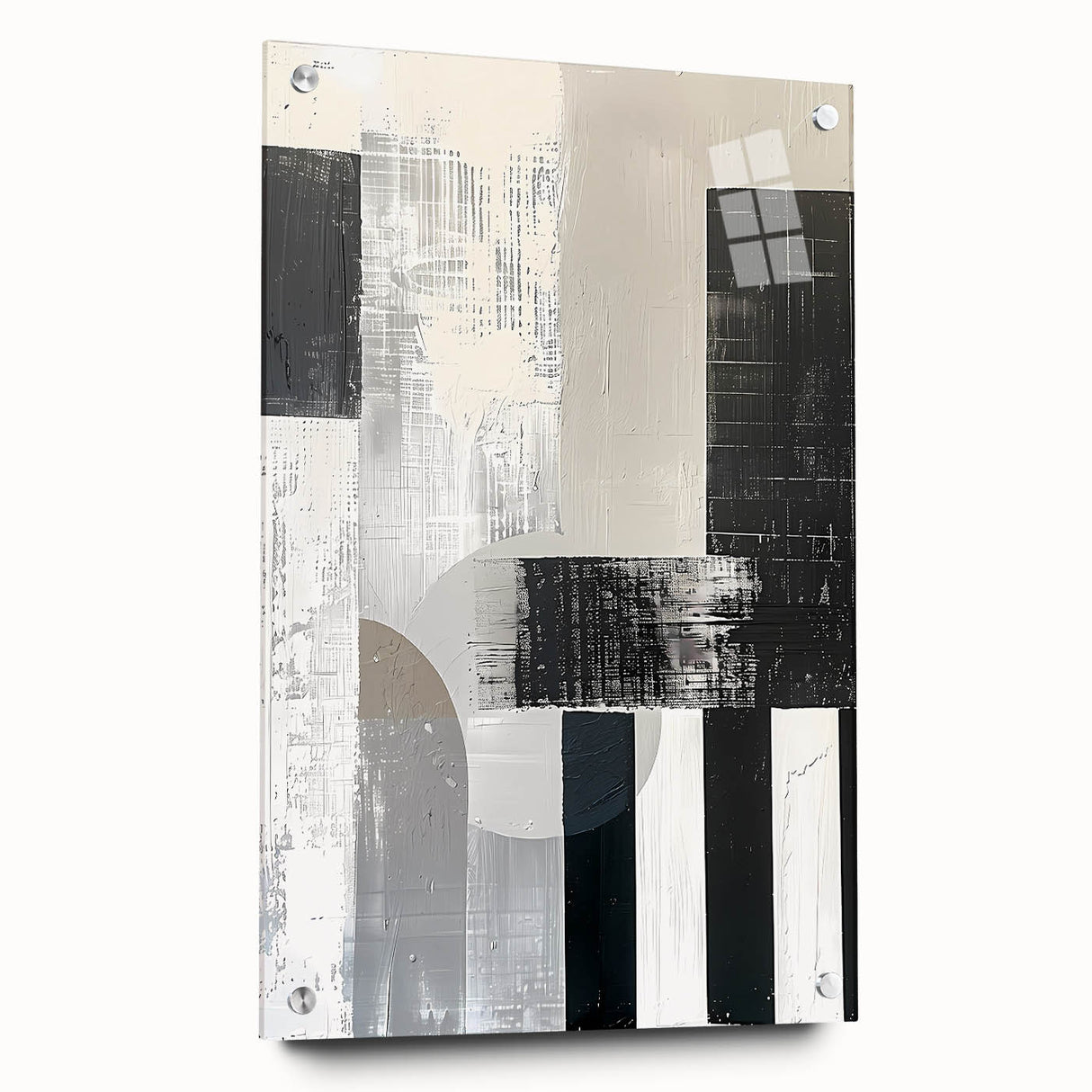 Abstract minimalist wall art displayed in an acrylic frame, showcasing vibrant colors and geometric shapes, enhancing modern interior decor with a sleek design.