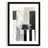 Abstract minimalist wall art framed in a sleek black mat showcases geometric shapes and soft colors, perfect for modern home decor and interior design aesthetics.