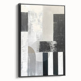 Framed minimalist wall art featuring an abstract black design on canvas, showcased from a side view. Perfect for modern home decor accents.