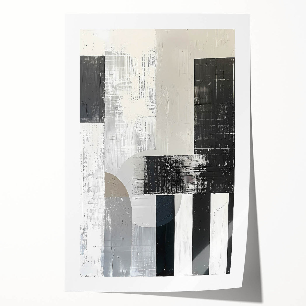 Abstract minimalist wall art print featuring soft pastel colors and geometric shapes, rolled and packaged in a protective cardboard tube for easy shipping.