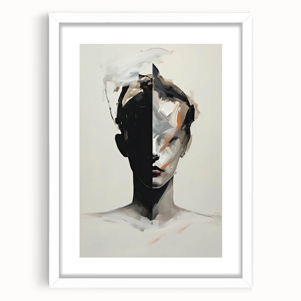 Abstract minimalist wall art framed in white with a mat, showcasing geometric patterns and soft color tones, perfect for modern home decor.