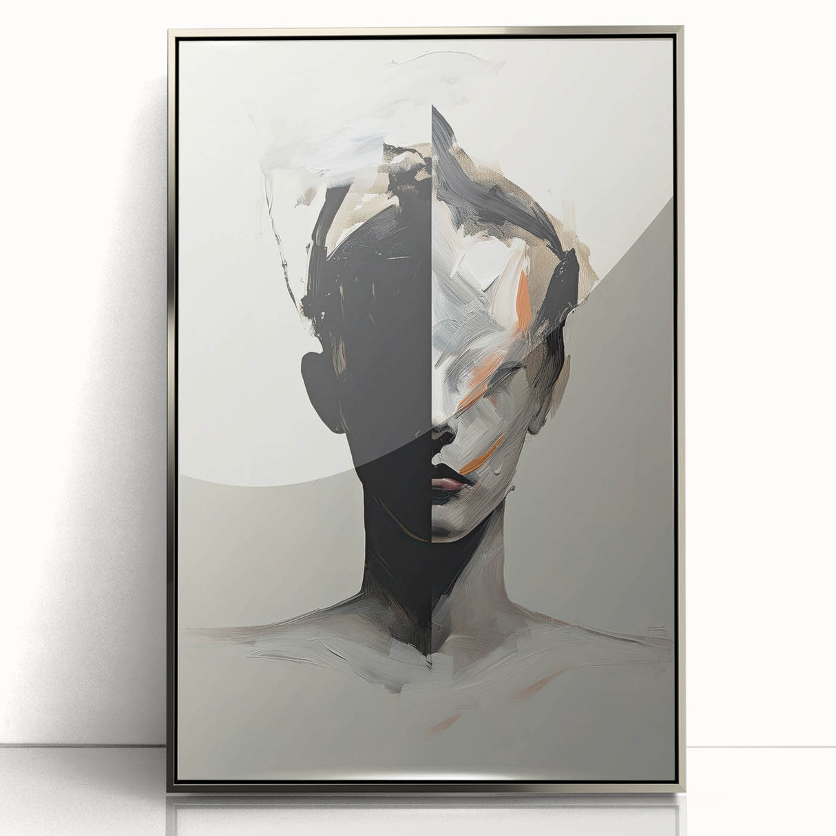 Framed abstract minimalist wall art in silver acrylic, showcasing modern design with clean lines and subtle textures, perfect for contemporary home decor.