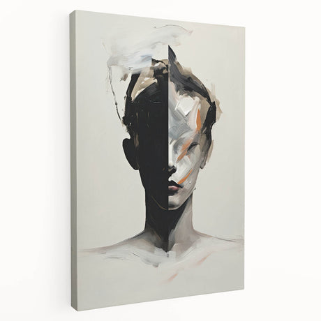 Abstract minimalist wall art on stretched canvas showcasing soft neutral tones and geometric shapes, perfect for modern home decor. Side view highlights the canvas's depth and texture, enhancing its artistic appeal.