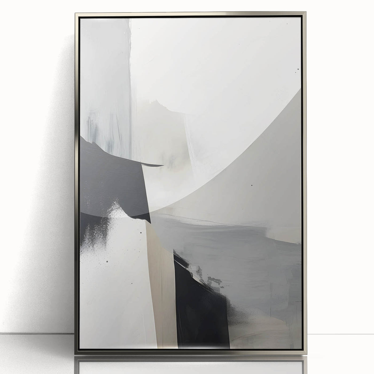 Framed abstract minimalist wall art featuring a silver-acrylic finish, showcasing geometric shapes and soft colors, perfect for modern home decor.