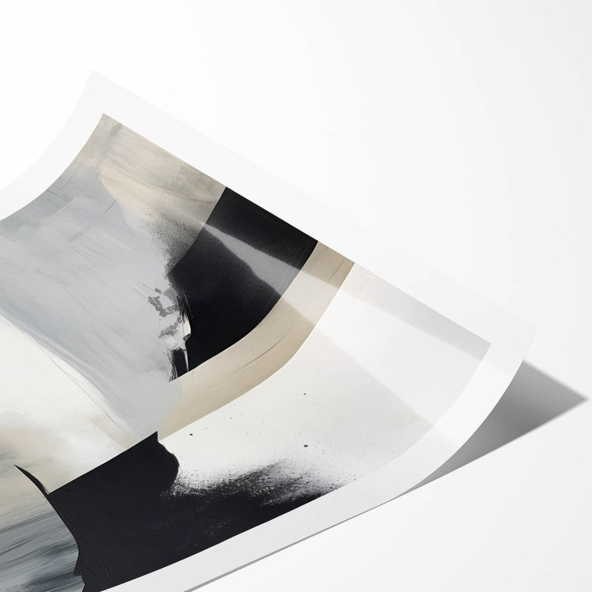Abstract minimalist wall art print in muted tones of blue and beige, showcasing fluid shapes and textures, rolled and packaged in a protective tube for easy display.