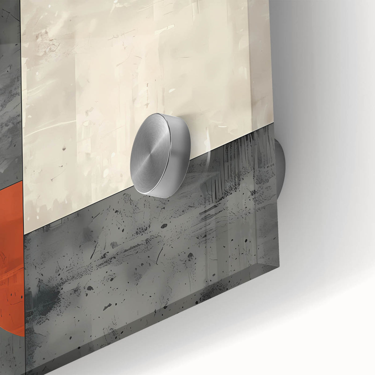 Close-up of an abstract minimalist wall art piece featuring vibrant colors and geometric shapes, displayed under acrylic glass for a sleek, modern finish.