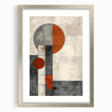 Abstract minimalist wall art framed in silver with a white mat, showcasing geometric shapes and soft colors, perfect for modern home decor.