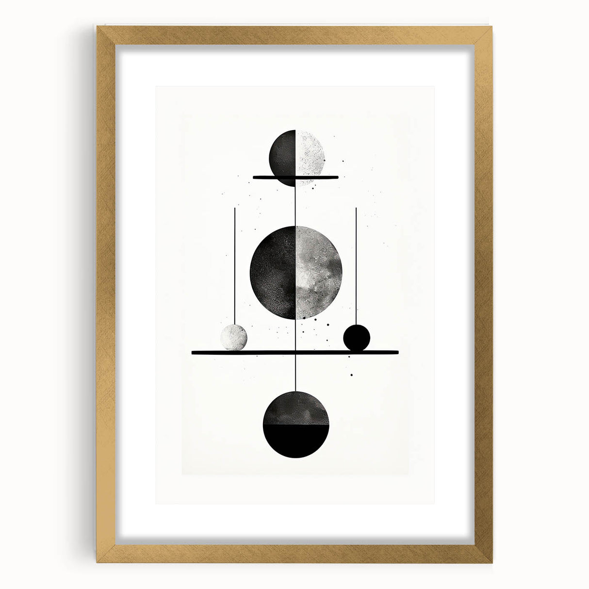 Abstract minimalist wall art framed in gold, featuring soft neutral tones and geometric shapes, designed to enhance modern home decor aesthetics.