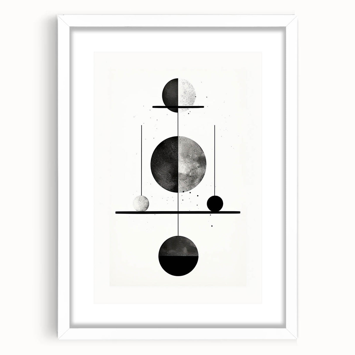 Abstract minimalist wall art framed in white, showcasing geometric shapes and soft pastel colors, perfect for modern home decor or office styling.