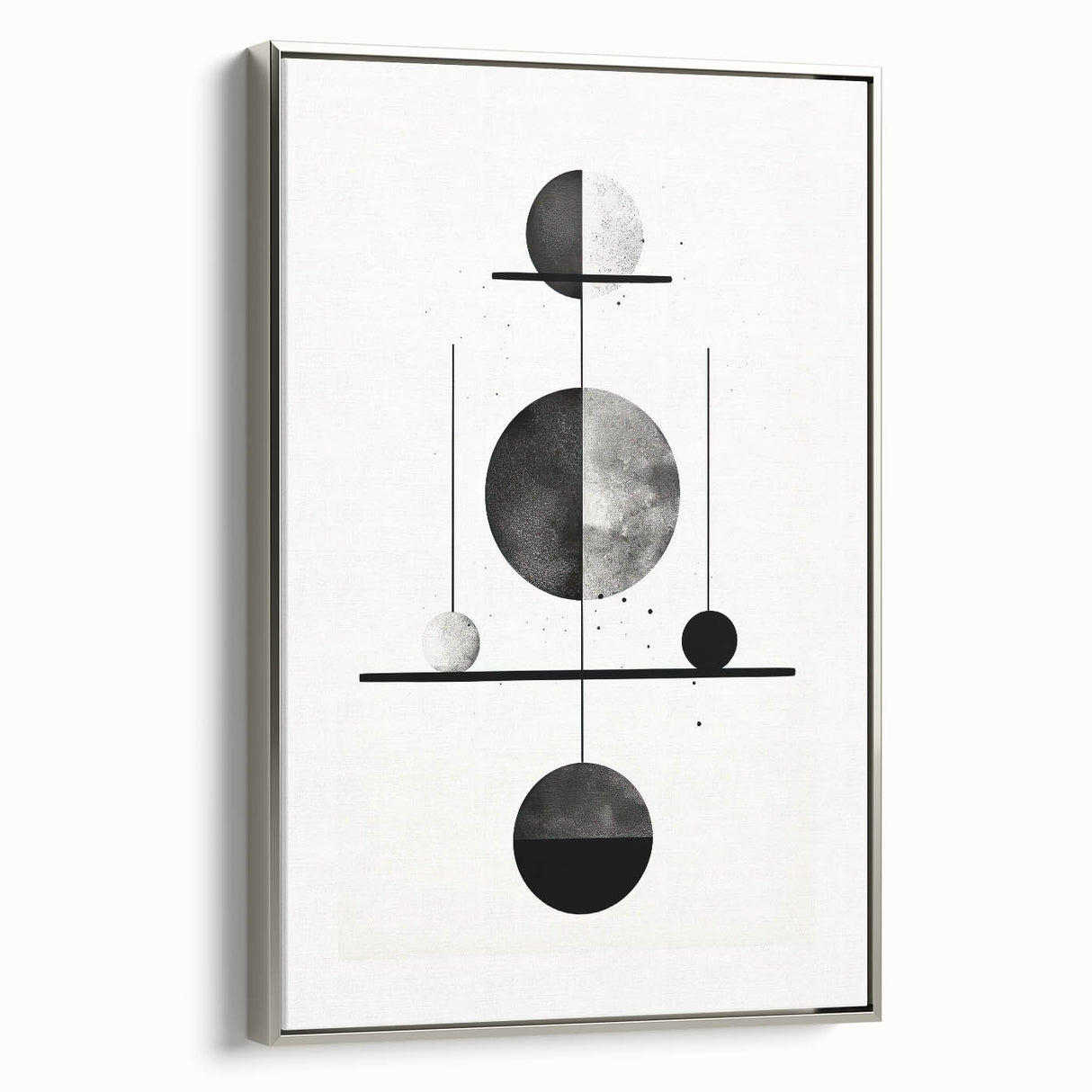 Framed abstract minimalist wall art in silver, showcasing a sleek design with gentle curves and lines against a neutral background, perfect for modern decor.