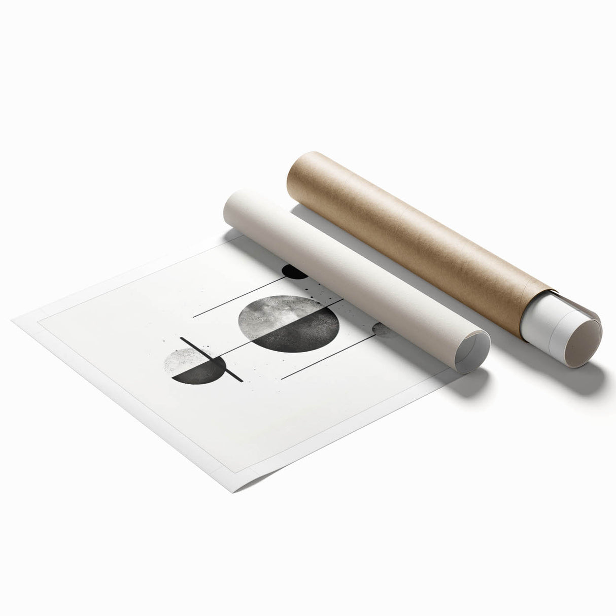 Abstract minimalist wall art print showcasing soft pastel colors and geometric shapes, rolled up in a protective cardboard tube, ideal for modern decor.