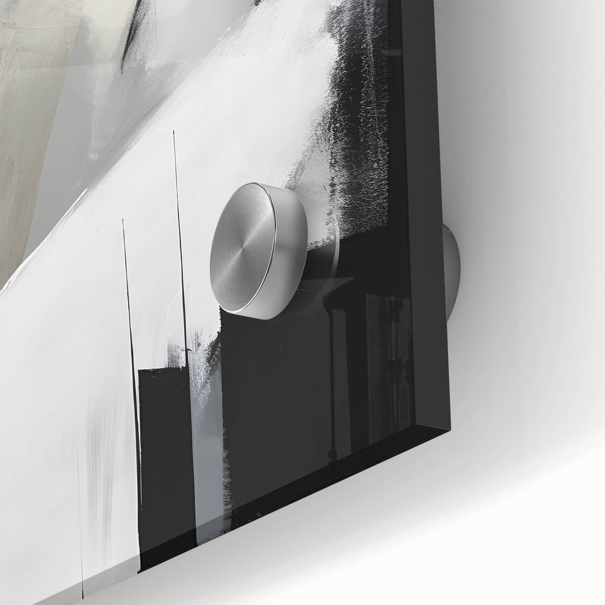 Close-up of a minimalist abstract wall art piece printed on acrylic glass, showcasing soft pastel colors and geometric shapes, perfect for modern home decor.