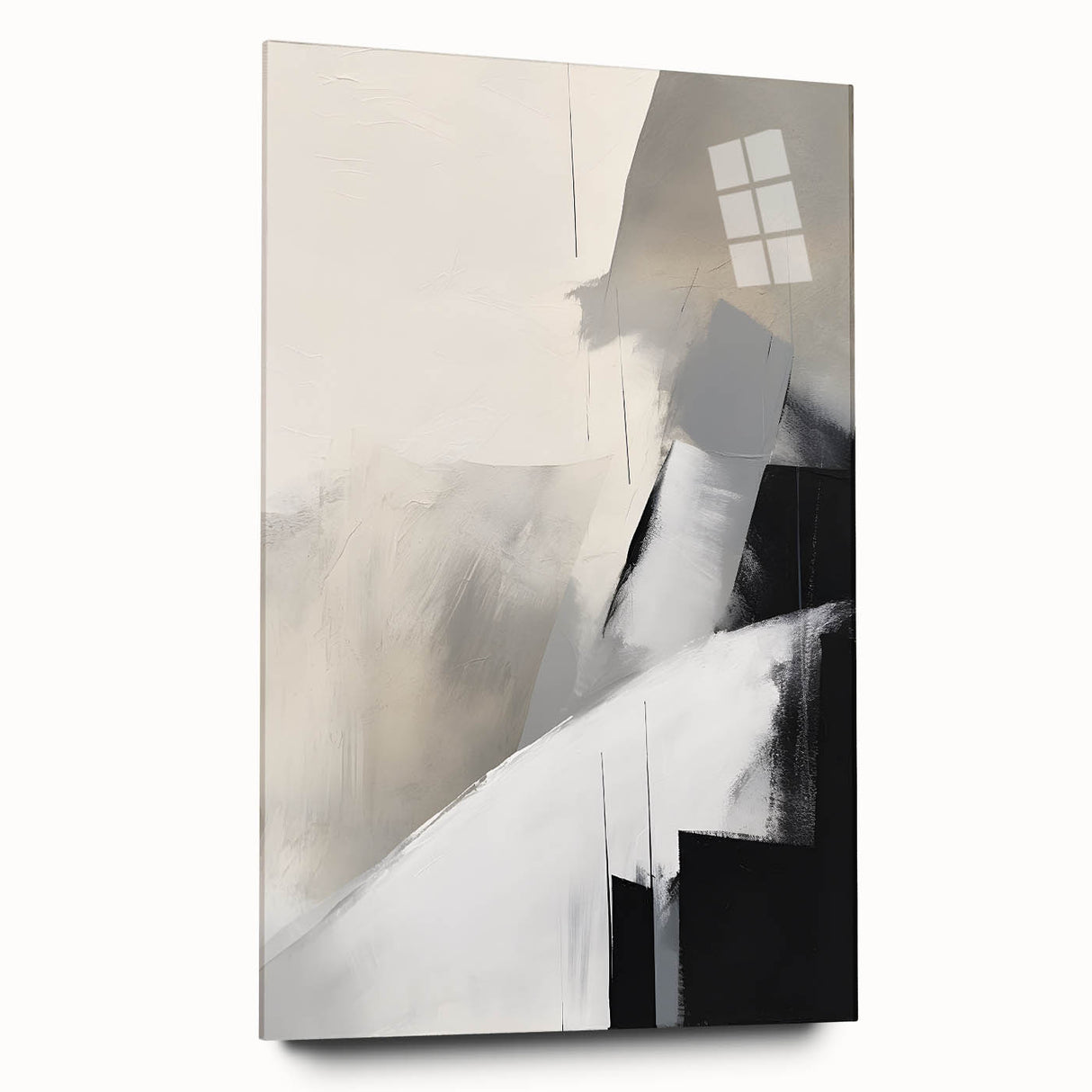 Abstract minimalist wall art displayed in a side view, featuring an acrylic glass frame that highlights its sleek design and vibrant colors, perfect for modern decor.