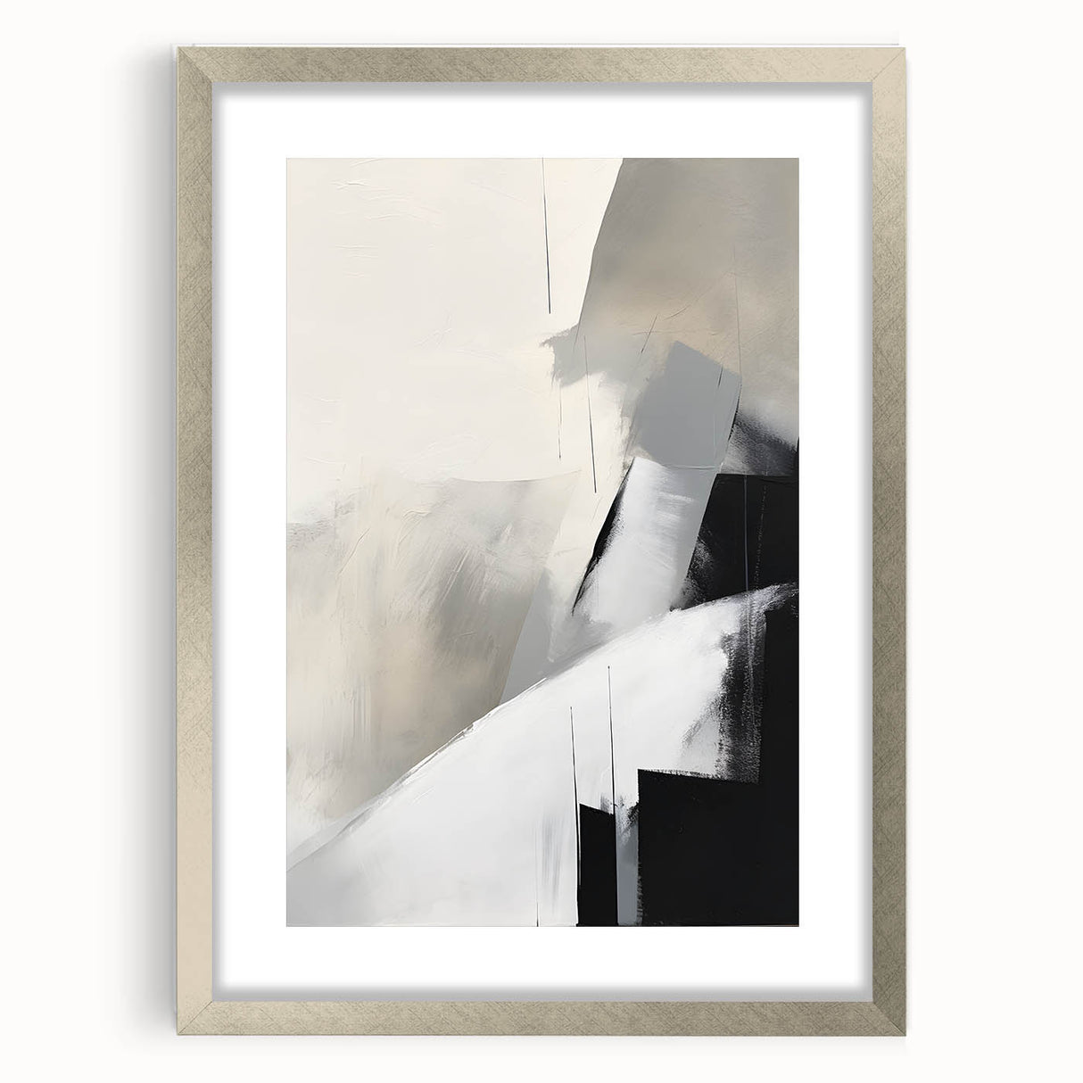 Abstract minimalist wall art framed in silver with a white mat, showcasing geometric patterns and soft color tones, perfect for modern home decor.