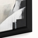 Close-up of a framed minimalist abstract wall art piece showcasing soft pastel colors and geometric shapes, perfect for modern home decor. This elegant design adds a contemporary touch to any living space, enhancing the overall aesthetic with its simplicity and artistic flair.