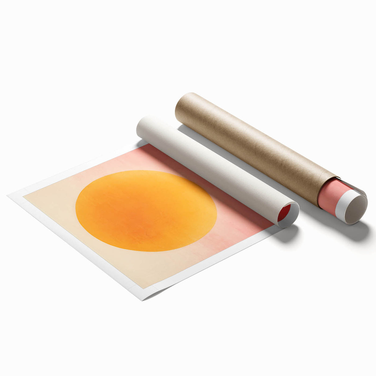 Abstract minimalist wall art print showcasing soft pastel colors and geometric shapes, elegantly rolled for easy display, ideal for modern home decor.
