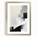 Abstract minimalist wall art framed with a silver mat, showcasing geometric shapes in neutral tones. Ideal for modern decor, adding elegance to any space.