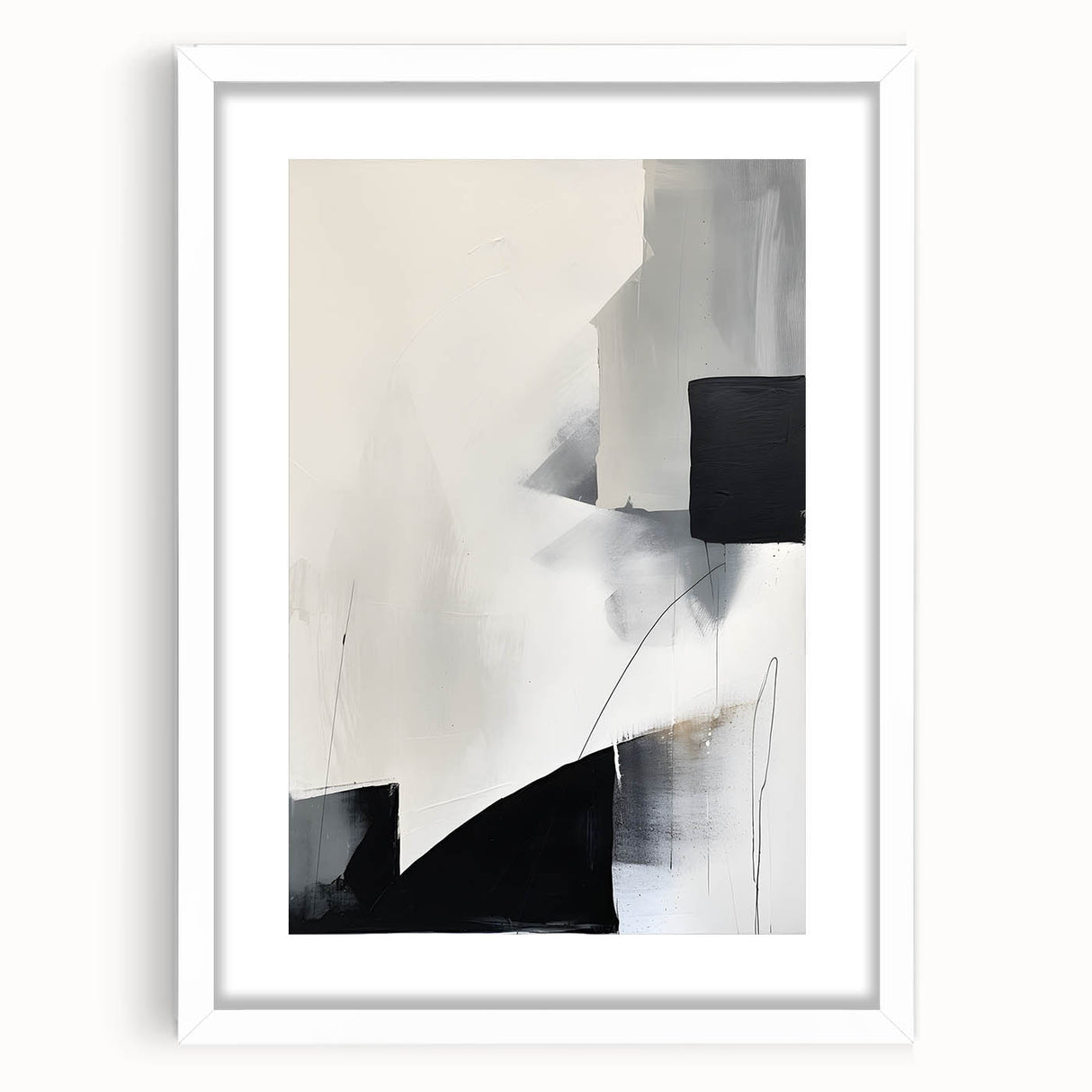 Abstract minimalist wall art framed in white, showcasing geometric shapes and soft pastel colors, perfect for modern home decor and enhancing interior aesthetics.
