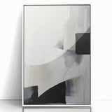 Framed abstract minimalist wall art with white acrylic front, showcasing geometric patterns and soft color tones, ideal for modern home decor.