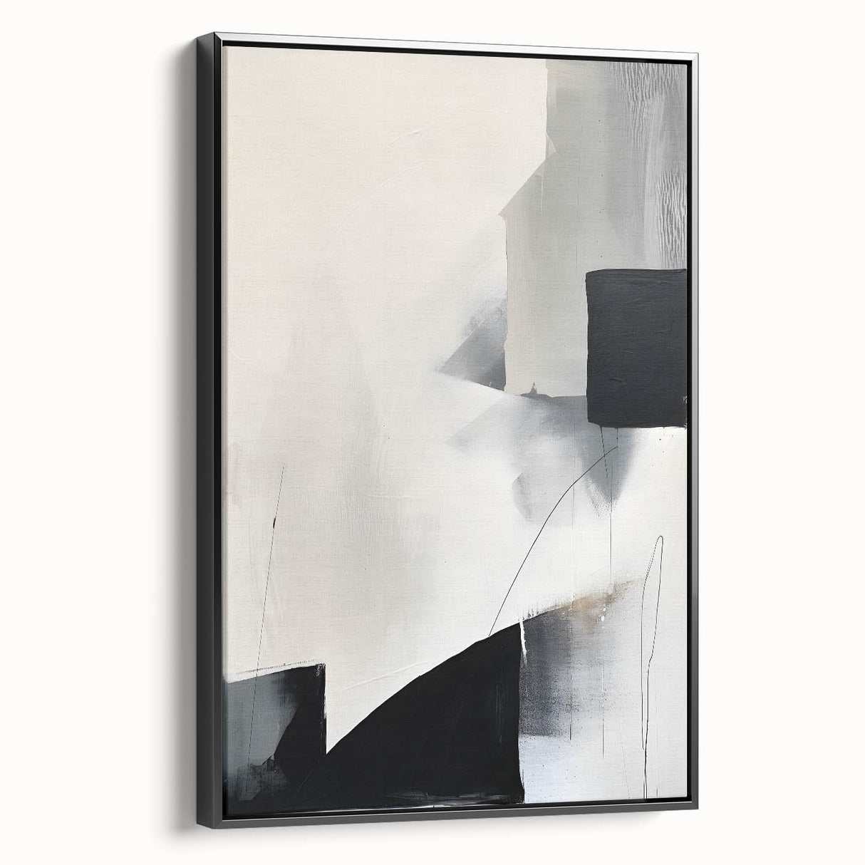 Framed black minimalist abstract wall art displayed from the side, showcasing sleek lines and modern design, perfect for contemporary home decor.