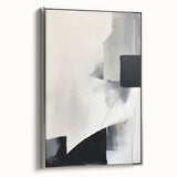 Framed abstract minimalist wall art in silver frame, showcasing soft geometric shapes and a calming color palette, perfect for modern home decor.