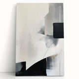 Abstract minimalist wall art on stretched canvas, featuring soft pastel colors and geometric shapes, leaning against a white wall, perfect for modern decor.