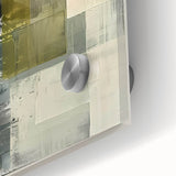 Close-up of abstract minimalist wall art featuring soft pastel colors and geometric shapes, printed on acrylic glass for a sleek modern look. Ideal for contemporary interior decor.