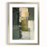Abstract minimalist wall art framed in silver with a white mat, showcasing geometric shapes and soft neutral tones, perfect for modern home decor.