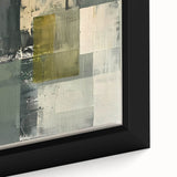 Close-up of a framed abstract minimalist wall art canvas showcasing soft earth tones and geometric shapes, perfect for modern home decor.