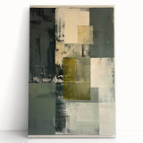 Abstract minimalist wall art displayed on a stretched canvas, featuring soft pastel colors and geometric shapes, creating a serene and modern aesthetic for home decor.