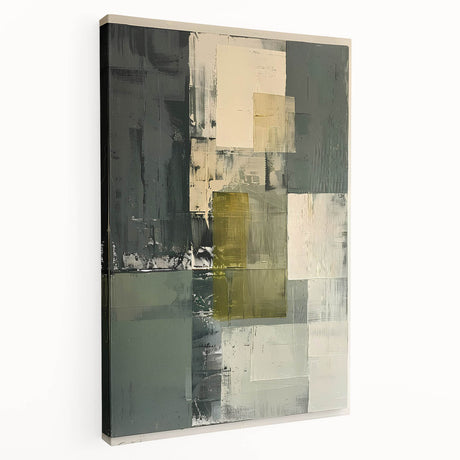 Abstract minimalist wall art on stretched canvas, showcasing soft pastel colors and geometric shapes, ideal for modern home decor or office spaces.