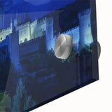 Close-up of a vibrant acrylic landscape painting depicting a majestic castle surrounded by lush greenery and a clear blue sky, showcasing intricate details and vivid colors. Ideal for home decor enthusiasts and art collectors.