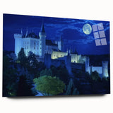 Acrylic glass artwork showcases a stunning landscape with a majestic castle, viewed from the side, highlighting vibrant colors and intricate details, perfect for home decor.