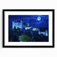 Elegant black-framed landscape artwork featuring a majestic castle surrounded by lush greenery, designed with a mat for a polished presentation. Perfect for enhancing home decor.