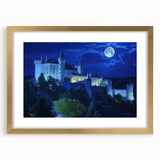 Elegant gold-framed landscape artwork featuring a regal castle scene, complemented by a white mat. Ideal for home decor, this piece adds sophistication to any room.