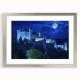 Elegant silver-framed landscape artwork showcasing a majestic castle surrounded by lush greenery, accented with a mat for a sophisticated finish, ideal for home decor.