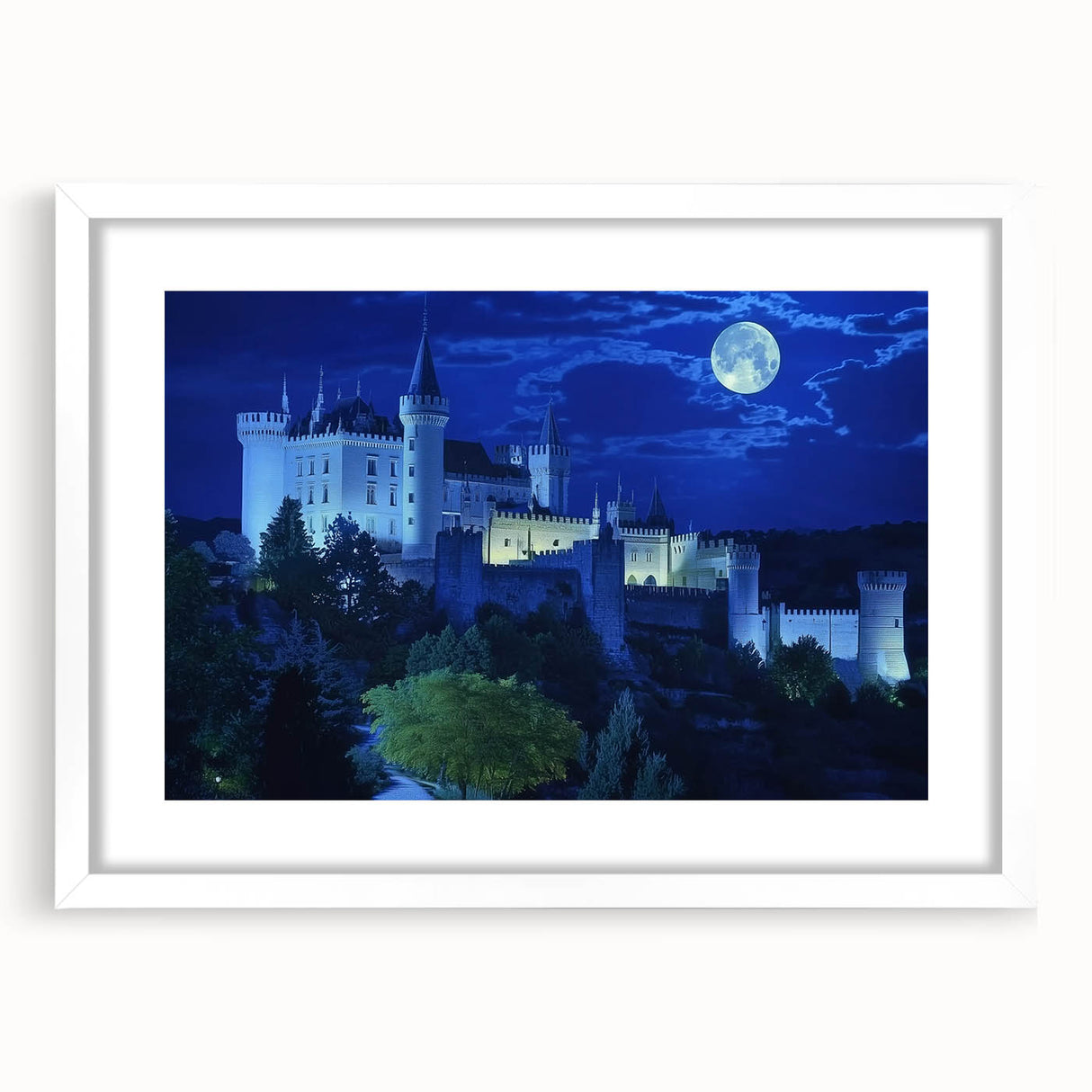 Landscape art print showcasing a majestic castle framed in white with a mat, elegantly displayed from the front view. Ideal for enhancing home decor.