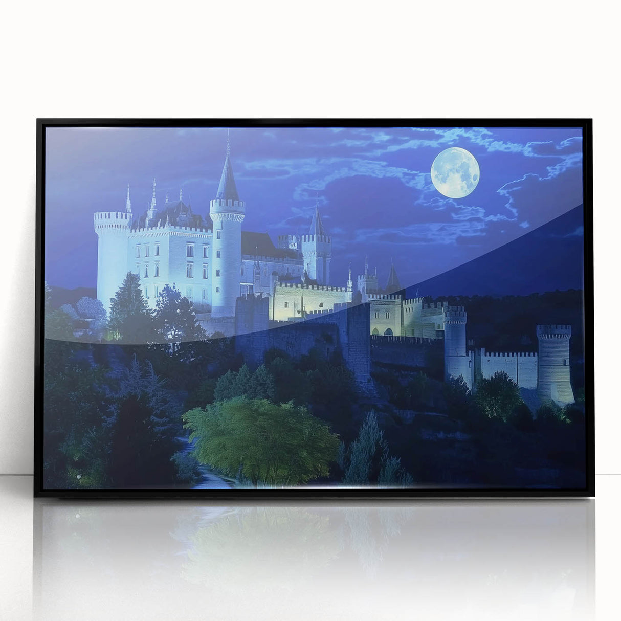 Framed acrylic artwork showcasing a stunning landscape with a medieval castle, featuring a sleek black frame that enhances the vivid colors and intricate details, perfect for home decor.