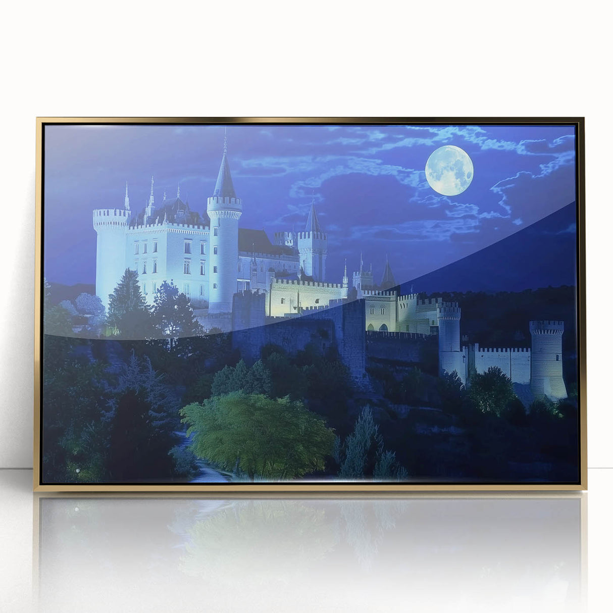 Framed acrylic artwork showcasing a picturesque landscape with a majestic castle, highlighted by a luxurious gold border, perfect for home decor enthusiasts.