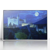 Framed acrylic artwork depicting a serene landscape with a majestic castle, featuring vibrant colors and intricate details, perfect for home decor.