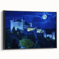 Framed canvas artwork showcasing a picturesque landscape with a majestic castle, featuring a sleek black frame and side view detailing. Perfect for enhancing home decor.