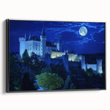 Framed canvas artwork showcasing a picturesque landscape with a majestic castle, featuring a sleek black frame and side view detailing. Perfect for enhancing home decor.