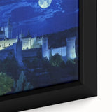 Close-up of a framed canvas featuring a vibrant landscape of a majestic castle surrounded by lush greenery, showcasing intricate details and rich colors, perfect for home decor.