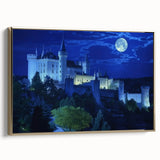 Framed canvas artwork depicting a scenic landscape with a majestic castle, featuring a gold frame and intricate detailing, ideal for home decor enhancement.