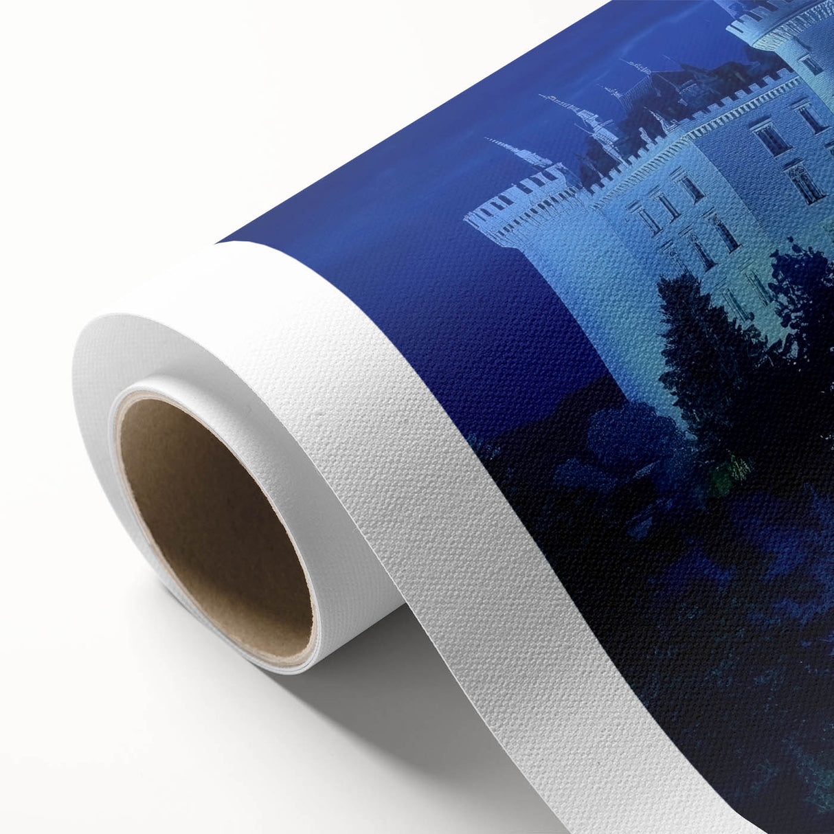 Rolled canvas artwork depicting a majestic castle surrounded by lush landscapes, featuring vibrant colors and intricate details, securely packaged in a protective cardboard tube.