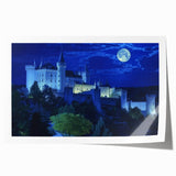 Rolled print showcasing a stunning landscape with a medieval castle surrounded by lush greenery and a vibrant sky, perfect for home decor enthusiasts.